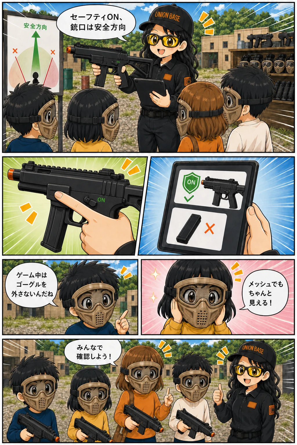 ゴーグル、銃口、セーフティ、マガジンの安全説明を受ける場面のジュニアガン漫画
